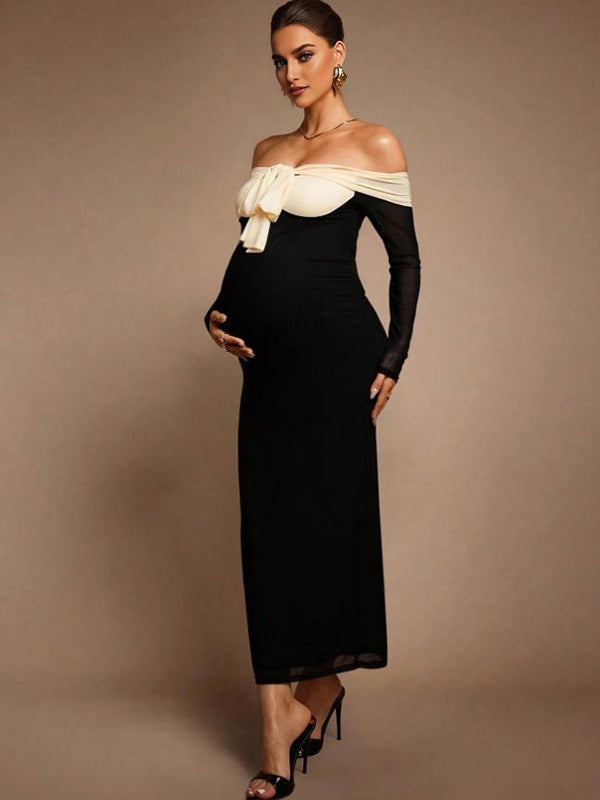 Beaumama robes moulante longue grossesse chic cocktail épissage nœud papillon épaule dénudée couleur bloc femme enceinte