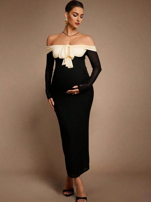 Beaumama robes moulante longue grossesse chic cocktail épissage nœud papillon épaule dénudée couleur bloc femme enceinte