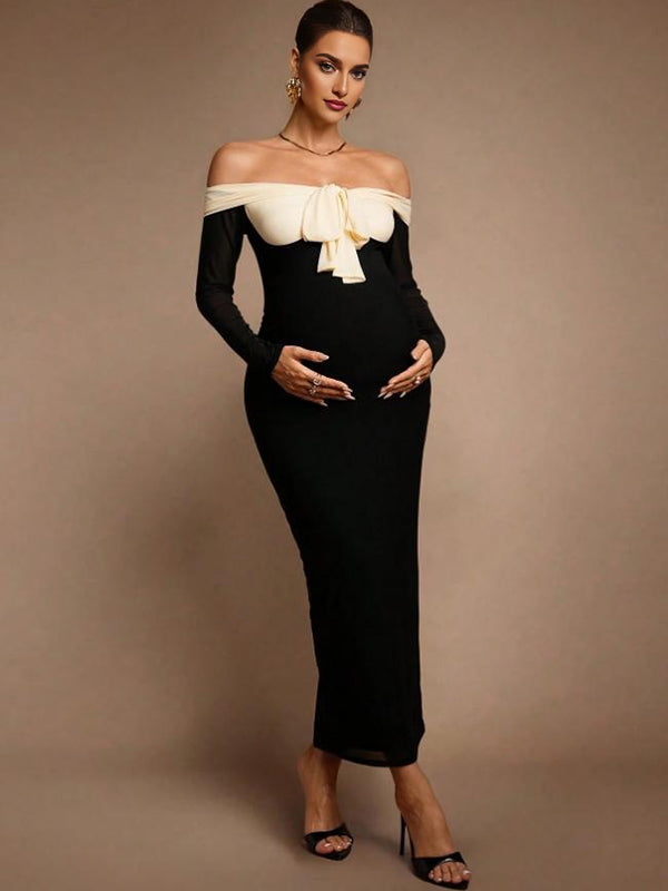 Beaumama robes moulante longue grossesse chic cocktail épissage nœud papillon épaule dénudée couleur bloc femme enceinte