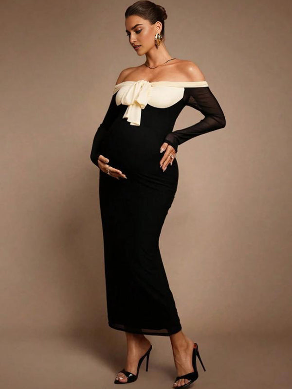 Beaumama robes moulante longue grossesse chic cocktail épissage nœud papillon épaule dénudée couleur bloc femme enceinte