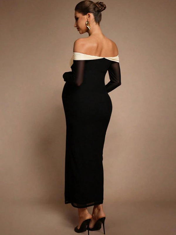 Beaumama robes moulante longue grossesse chic cocktail épissage nœud papillon épaule dénudée couleur bloc femme enceinte