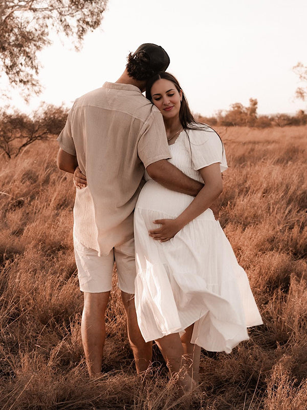 Beaumama robes mi-longue grossesse bohème volants plissé fluide trapèze photo femme enceinte