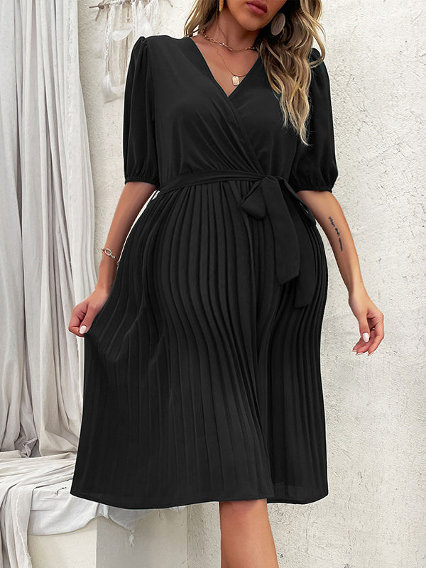 Beaumama robes mi-longue grossesse élégant vacances ceinture plissé fluide trapèze femme enceinte