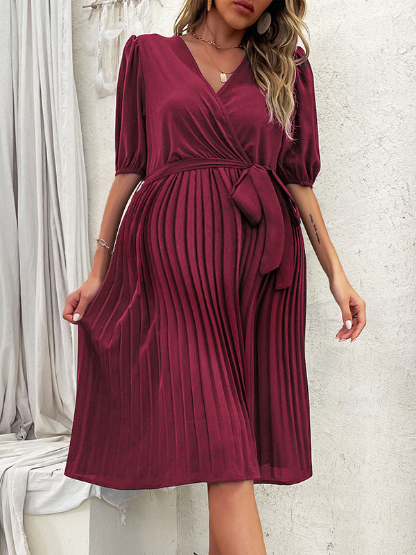 Beaumama robes mi-longue grossesse élégant vacances ceinture plissé fluide trapèze femme enceinte