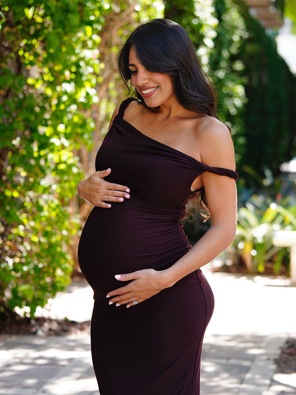 Beaumama robes mi-longue grossesse élégant chic moulante épaule asymétrique épaule dénudée femme enceinte