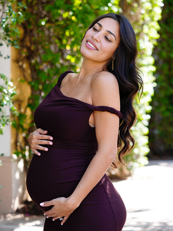 Beaumama robes mi-longue grossesse élégant chic moulante épaule asymétrique épaule dénudée femme enceinte