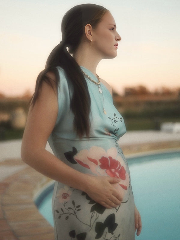 Beaumama robes mi-longue grossesse imprimé fleurie asymétrique élégant femme enceinte