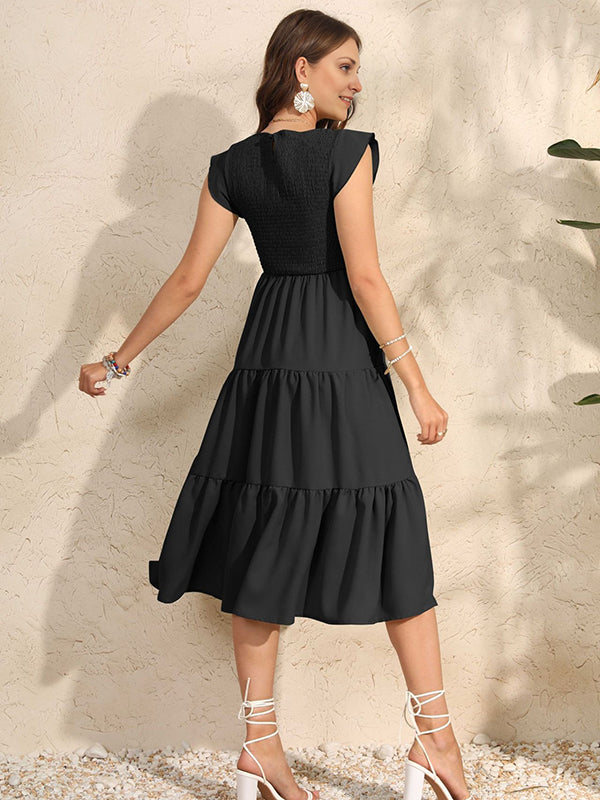Robe mi-longue grossesse volants fluide trapèze noir