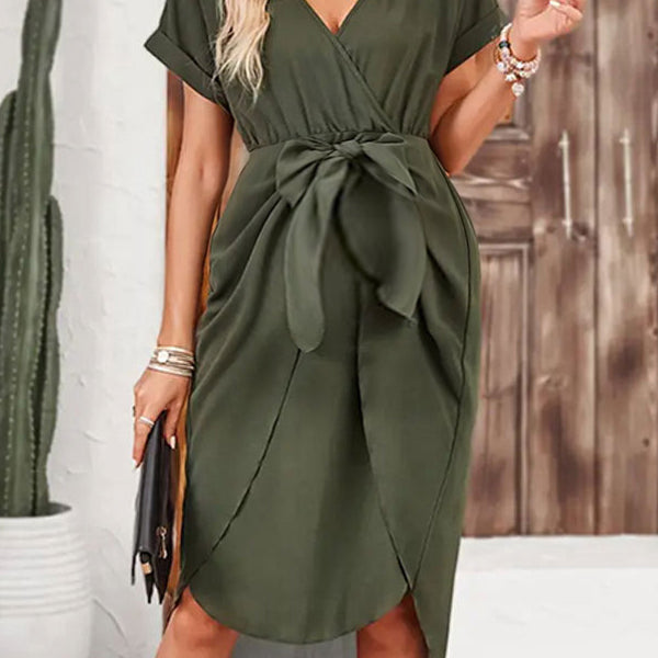 Robe mi-longue grossesse ceinture irrégulier moulante vert armée