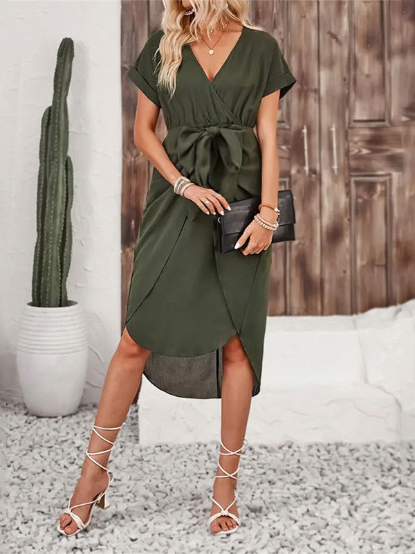 Robe mi-longue grossesse ceinture irrégulier moulante vert armée