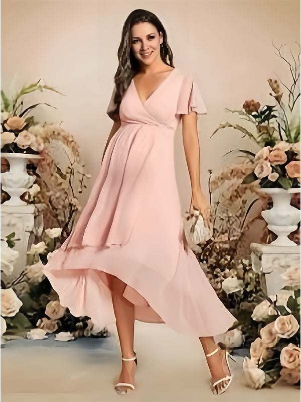 Robes mi-longue de grossesse volants-Rose poudré