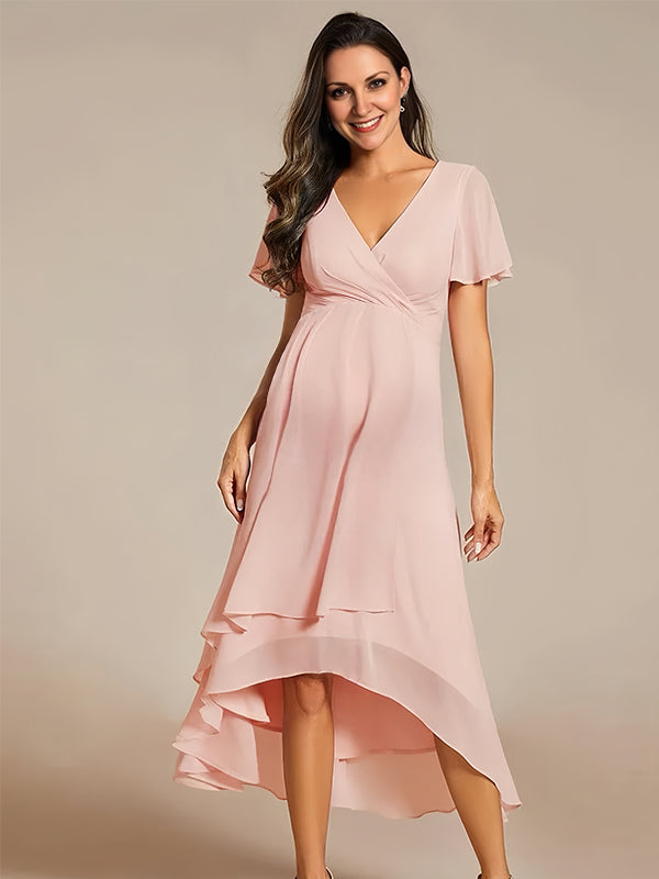 Robes mi-longue de grossesse volants-Rose poudré
