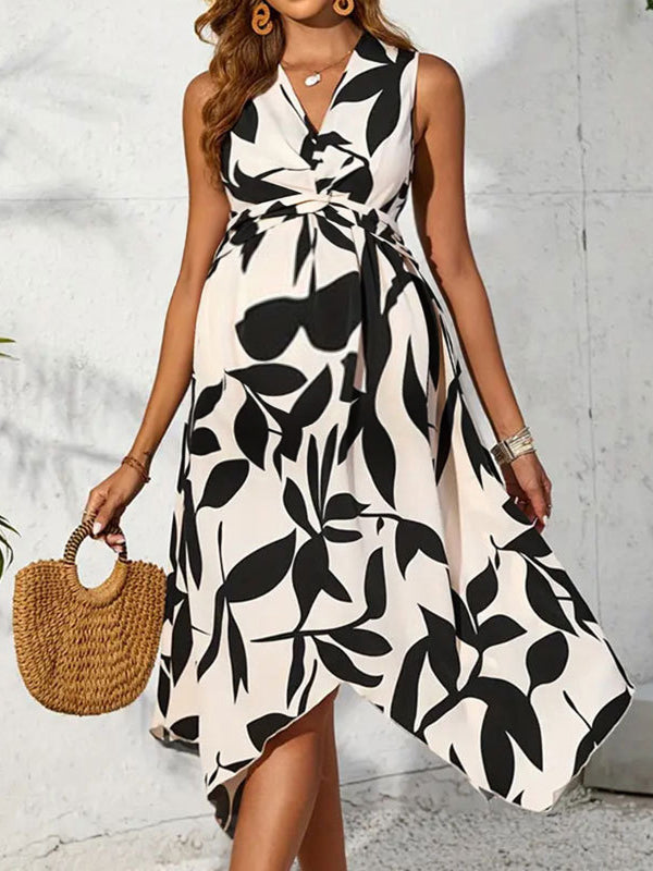 Robe mi-longue grossesse imprimé feuille irrégulier nœud abricot
