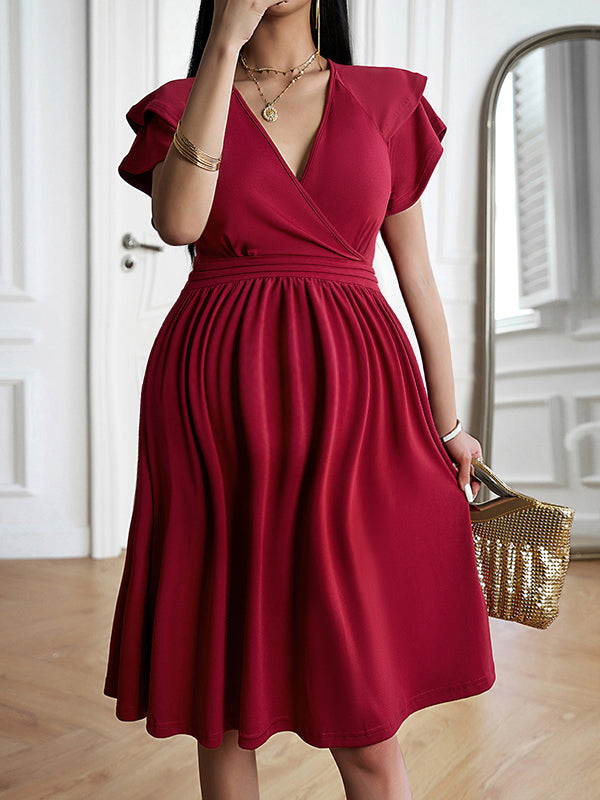 Robe mi-longue grossesse volants trapèze bordeaux