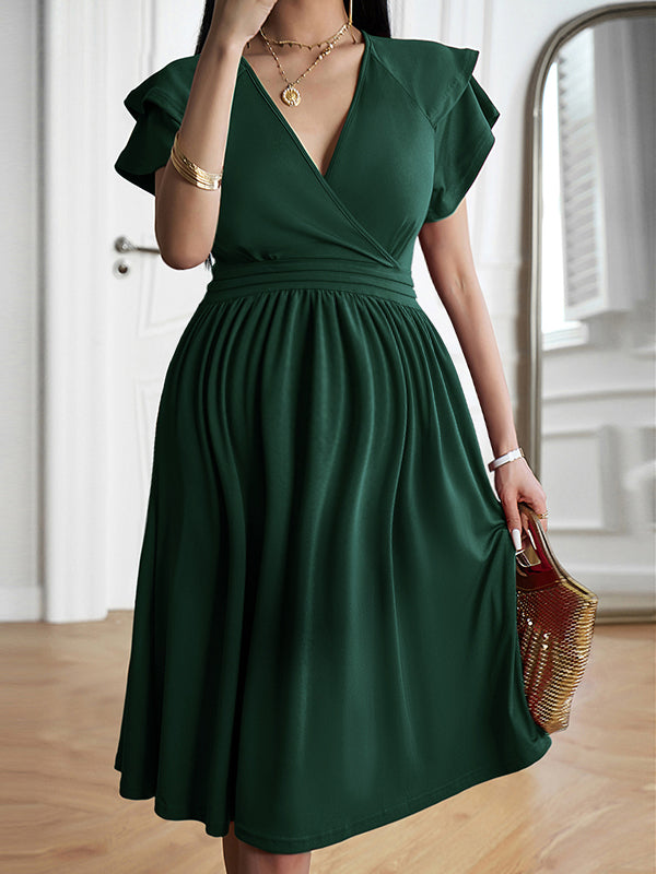 Robe mi-longue grossesse volants trapèze vert