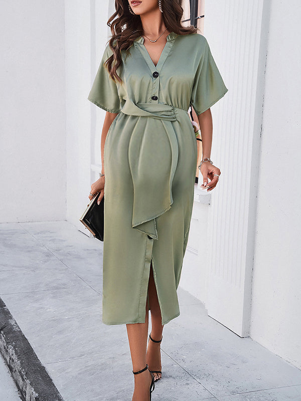 Robe mi-longue grossesse irrégulier fendu le côté boutonnage vert