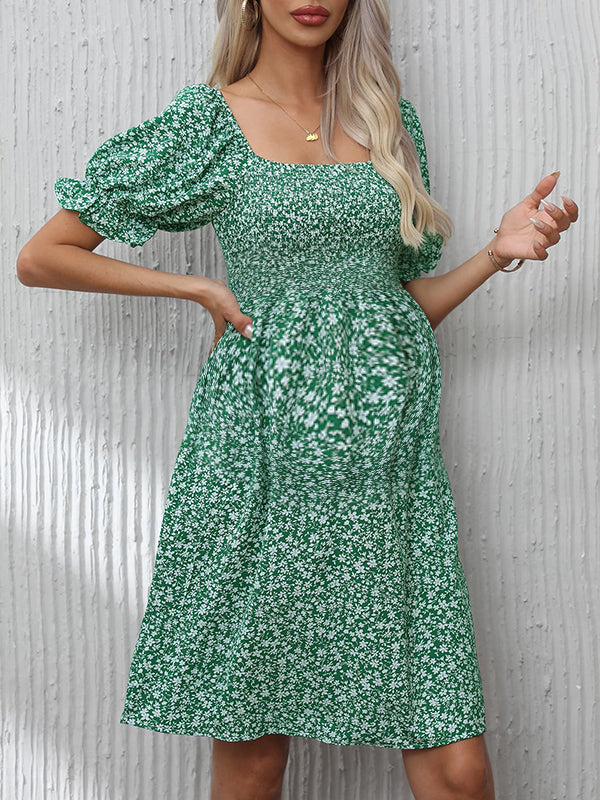 Robes mi-longue grossesse plissé imprimé fleurie vert