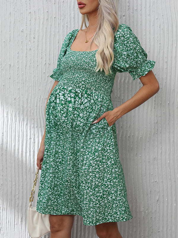 Robes mi-longue grossesse plissé imprimé fleurie vert