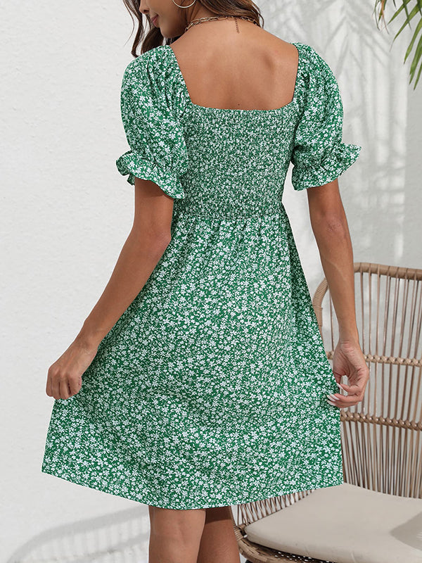 Robes mi-longue grossesse plissé imprimé fleurie vert