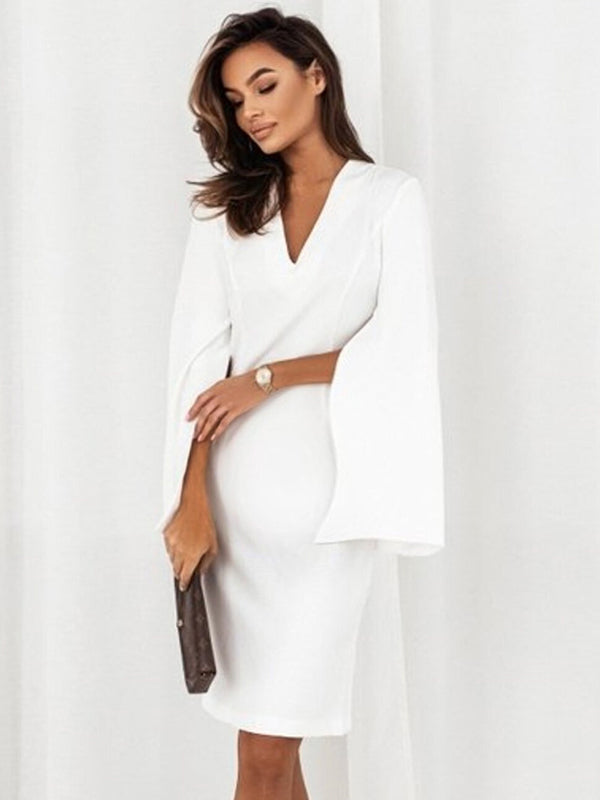 Robe mi-longue grossesse moulante manches fendues blanche