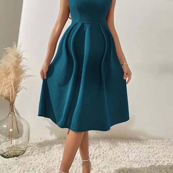 Robe mi-longue grossesse perle trapèze bleu marine
