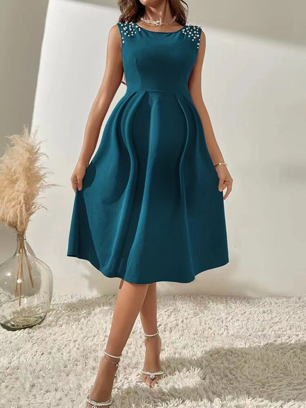 Robe mi-longue grossesse perle trapèze bleu marine