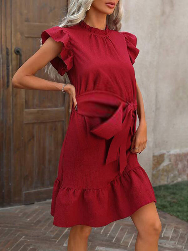 Robes longue grossesse volants nœud papillon ceinture rouge