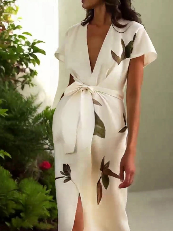 Robe mi-longue grossesse imprimé feuille ceinture fente avant blanche