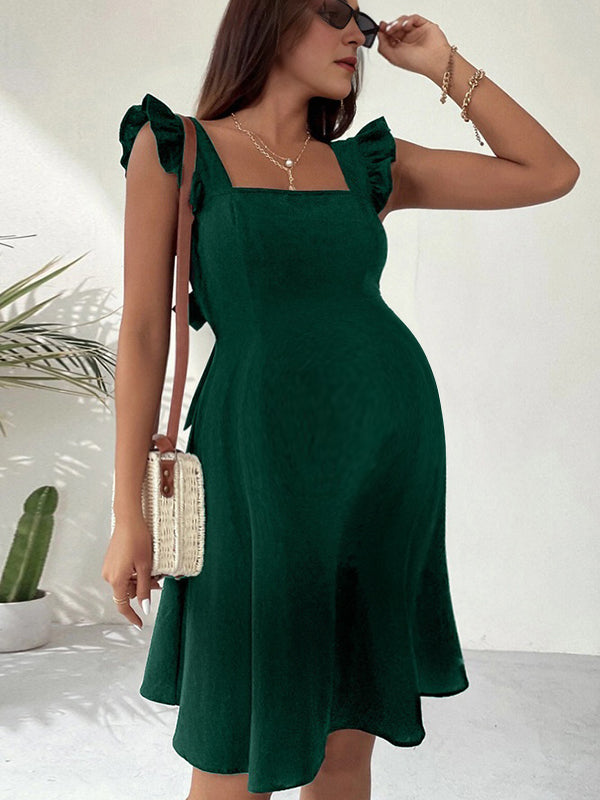 Robes mi-longue grossesse volants nœud papillon vert emeraude