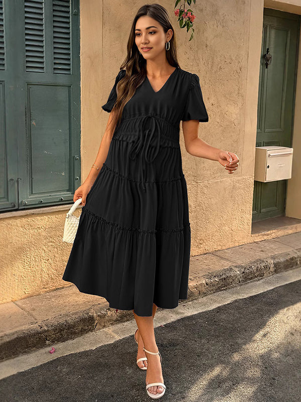 Robes mi-longue grossesse volants coulisse taille noir