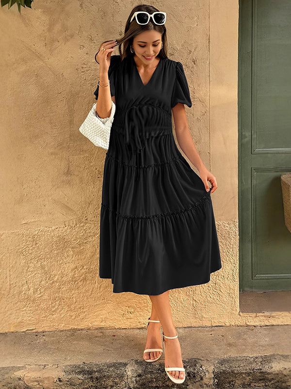 Robes mi-longue grossesse volants coulisse taille noir