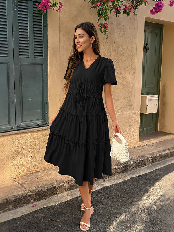 Robes mi-longue grossesse volants coulisse taille noir