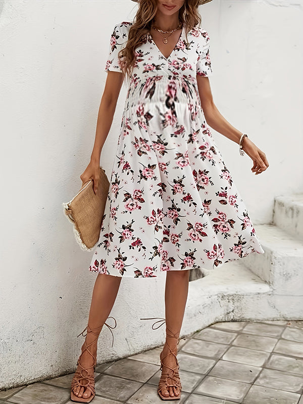 Robes mi-longue grossesse imprimé fleurie une pièce blanche