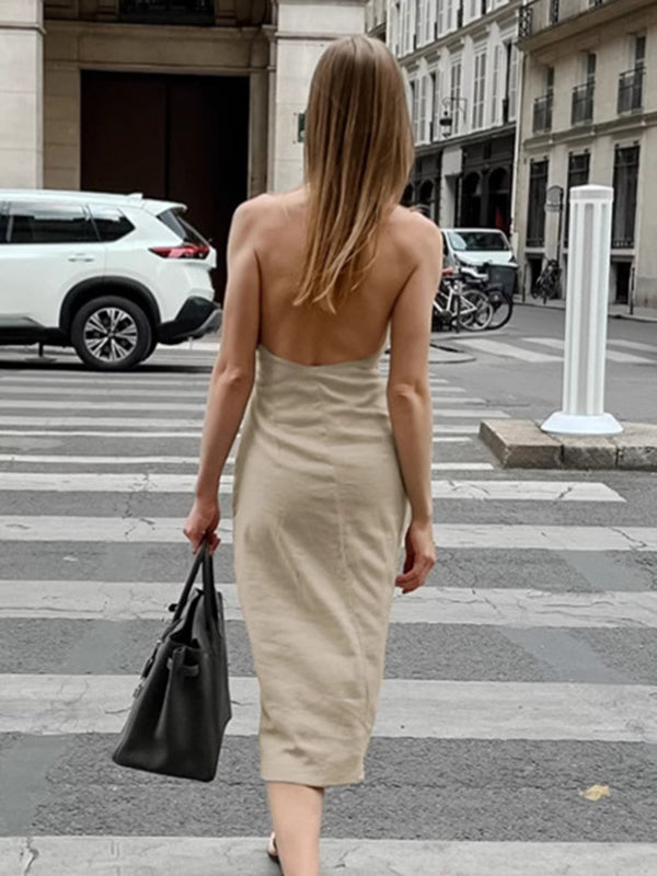 Robes mi-longue grossesse licou zippé dos nu khaki