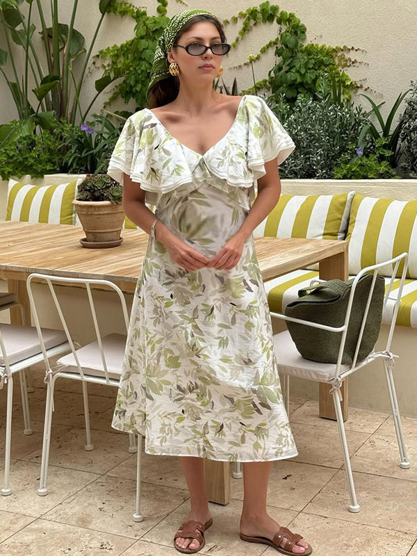 Robes mi-longue grossesse imprimé fleurie dos nu volants vert clair