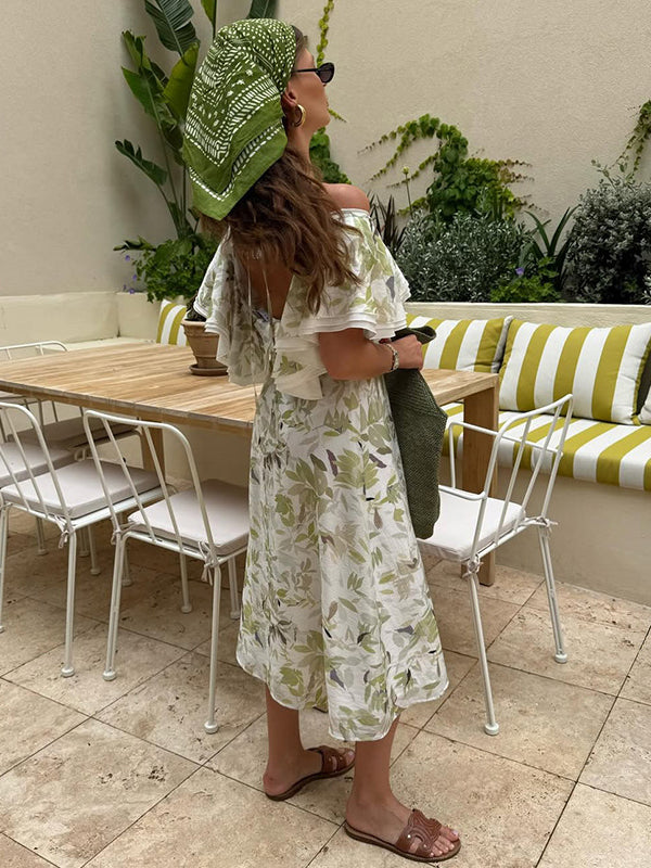 Robes mi-longue grossesse imprimé fleurie dos nu volants vert clair