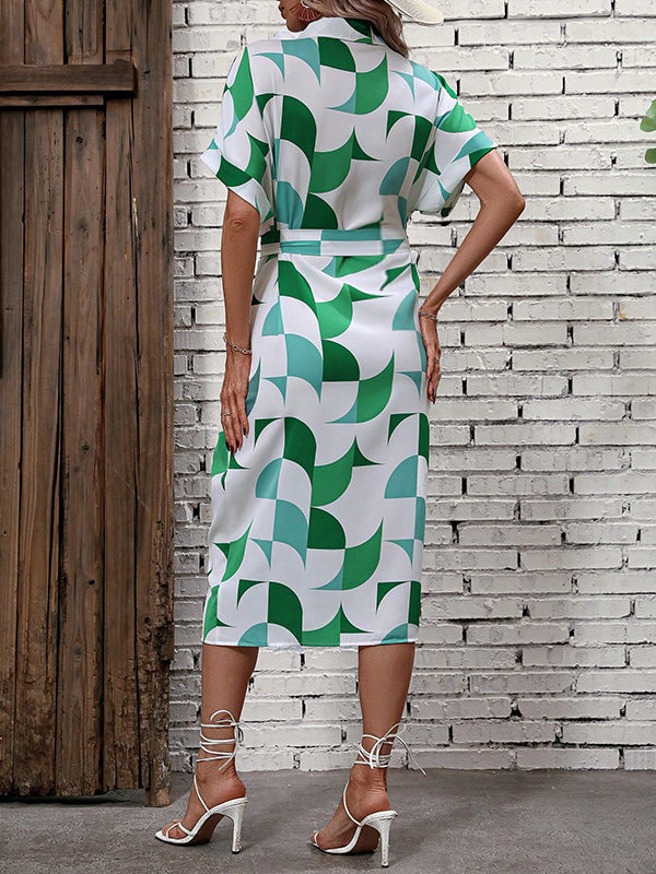 Robes mi-longue grossesse imprimé fleurie ceinture boutonnage vert