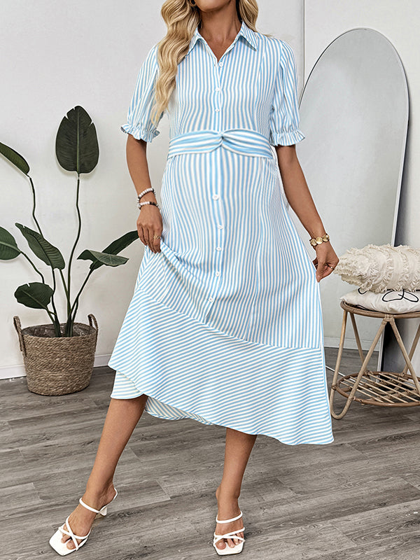 Robes mi-longue grossesse rayé ceinture boutonnage bleu