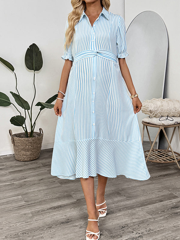 Robes mi-longue grossesse rayé ceinture boutonnage bleu