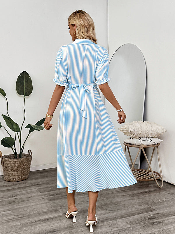 Robes mi-longue grossesse rayé ceinture boutonnage bleu