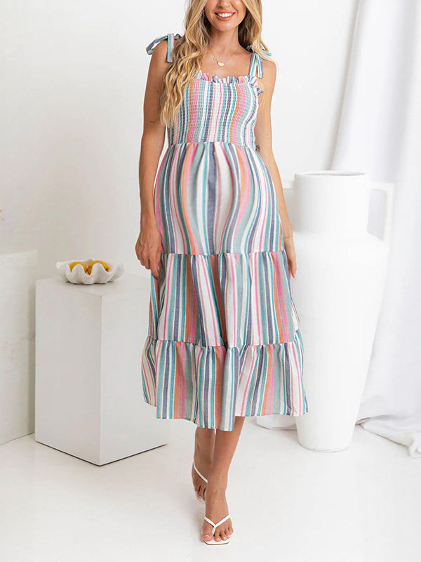 Robe robes mi-longue grossesse rayé plissév nœud papillon vert