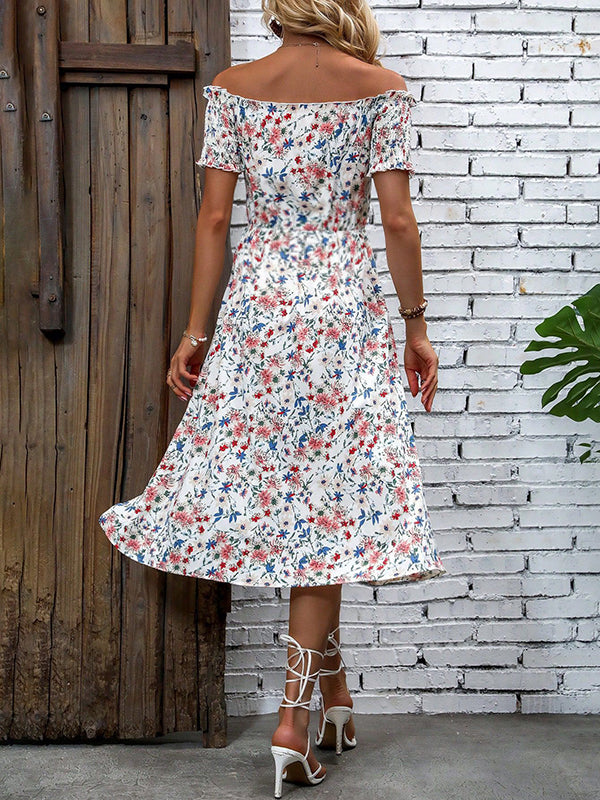 Robe mi-longue grossesse imprimé fleurie épaule dénudée fendu le côté blanche