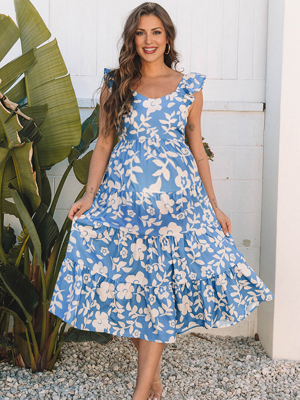 Beaumama robe mi-longue grossesse imprimé fleurie volants bleu