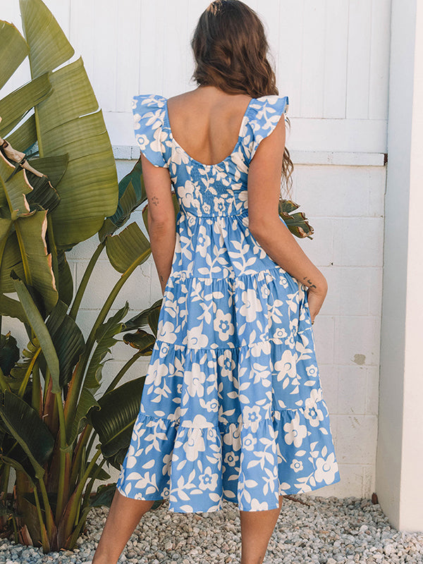 Beaumama robe mi-longue grossesse imprimé fleurie volants bleu