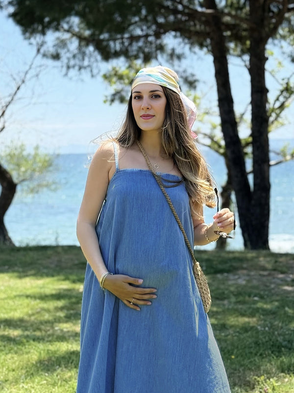 Beaumama robe mi-longue grossesse strap confortable bleu femme enceinte