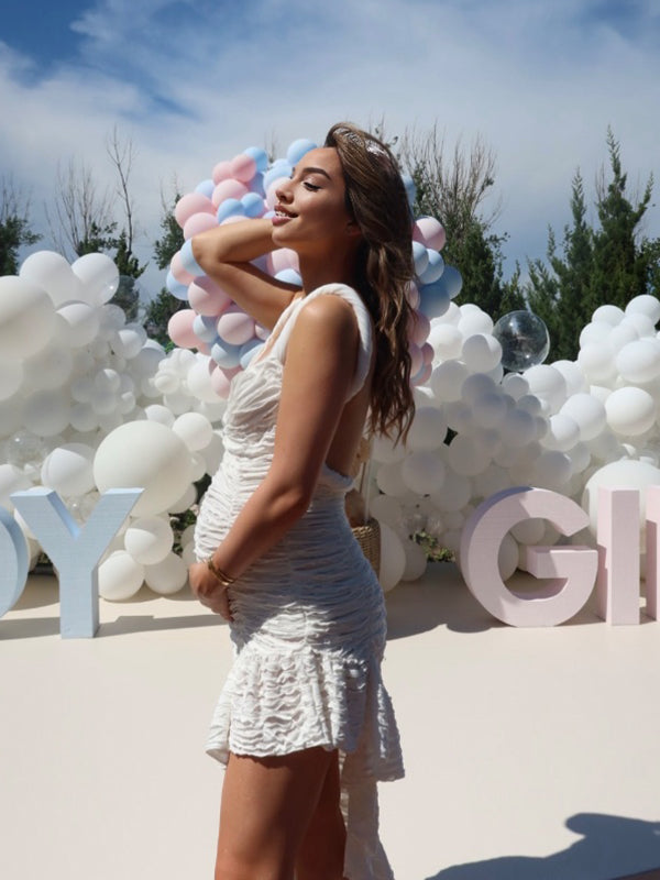 Beaumama robe longue grossesse plissé irrégulier strap babyshower femme enceinte blanche