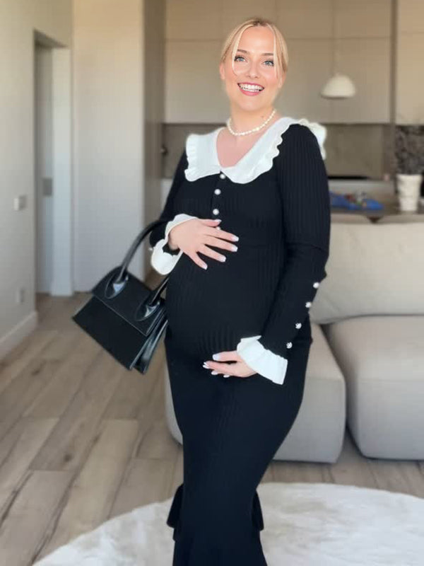 Beaumama robe mi-longue grossesse élégant volants moulante boutonnage couleur bloc femme enceinte