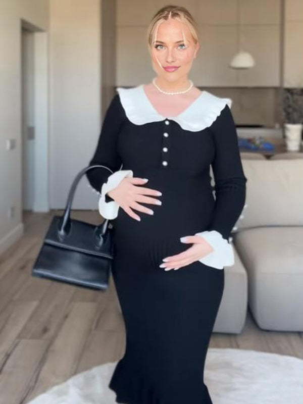Beaumama robe mi-longue grossesse élégant volants moulante boutonnage couleur bloc femme enceinte