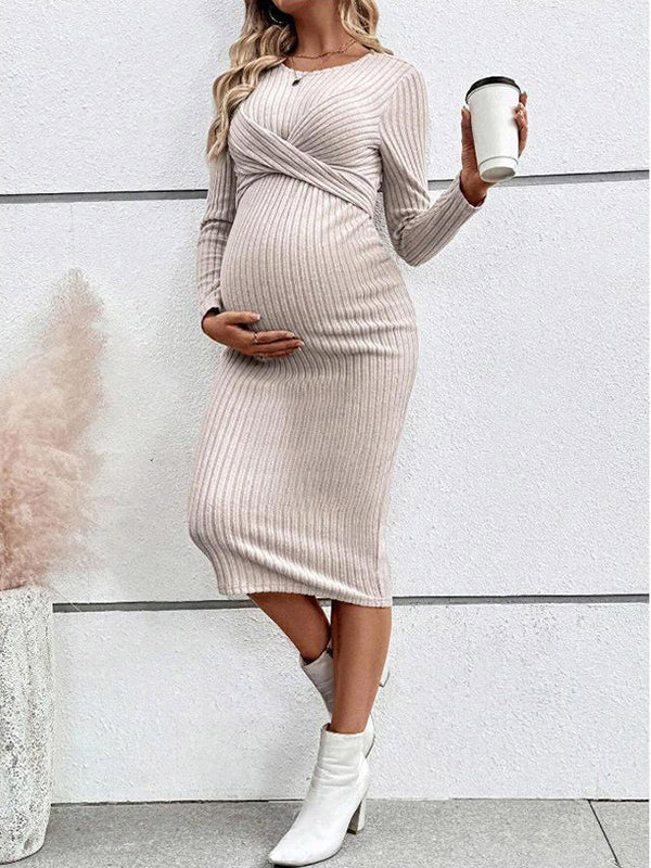 Beaumama robe mi-longue grossesse casual chic nœud moulante rayé femme enceinte