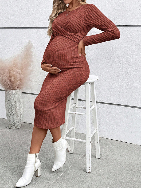 Beaumama robe mi-longue grossesse casual chic nœud moulante rayé femme enceinte